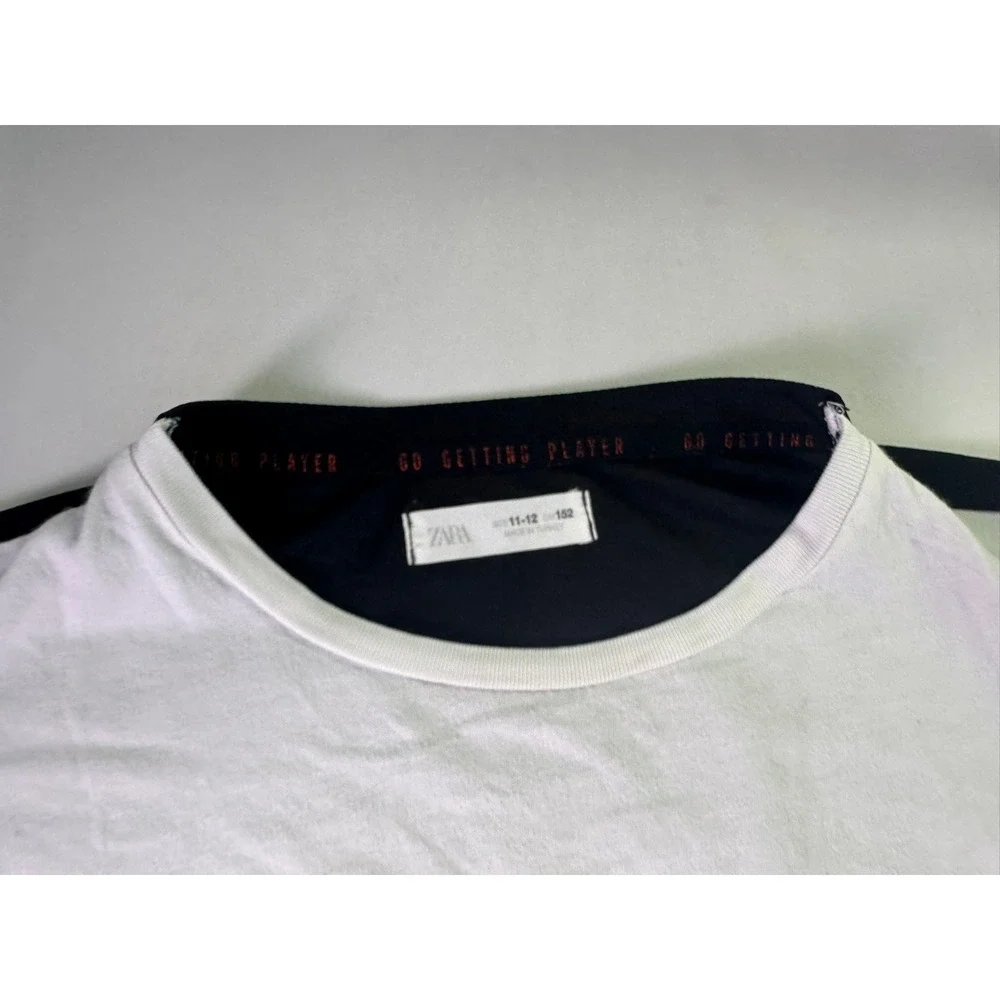 Zara Boys Size 11-12 Flip Reverse Graphic T-Shirt White Black Keep Active Sporty